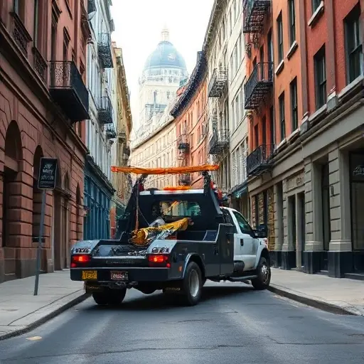 Вызов эвакуатора на Аллее Связистов: Полное руководство A realistic depiction of a tow truck parked on a narrow city street lined with historic buildings, with a clear view of the tow truck's front and rear, no text or signage visible, in a small high-quality style