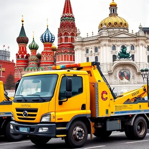 A bright yellow tow truck parked in front of Red Square in Moscow, with St. Basil's Cathedral in the background, and another tow truck parked near the Hermitage Museum in Saint Petersburg, with the Winter Palace visible.