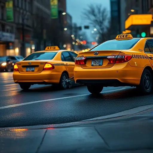 кар такси эвакуатор A bright yellow taxi with a tow hook attached, pulling a broken-down car on a city street at dusk, with city lights and a subtle reflection on wet pavement.
