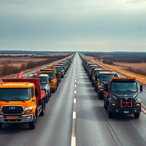A realistic depiction of a fleet of modern tow trucks and recovery vehicles parked on a highway that stretches between Moscow and Vologda, with a wide Russian landscape in the background, showcasing a variety of equipment and vehicle types, no people, no signage or text