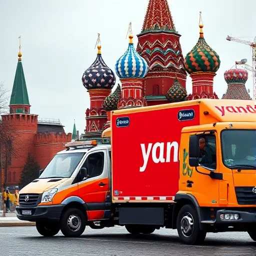 A Yandex Evakuator truck towing a car in front of St. Basil's Cathedral in Moscow, with a driver in a Yandex uniform, realistic style, no text or logos