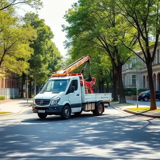 Эвакуатор на 1-й Чоботовской аллее: Полное руководство A realistic tow truck (evacuator) parked on a quiet urban street lined with trees, representing the first Chobotovskaya alley. The scene shows the truck with its boom extended, a road with gentle curves, and surrounding buildings typical of a residential area. The lighting is bright daylight, with a clear sky and subtle shadows, emphasizing the vehicle and the street environment without any text, signs, or numbers.