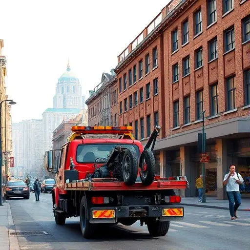 A realistic depiction of a tow truck parked on Bolshaya Dekabrya Street in a bustling urban setting. The scene shows the tow truck in the foreground, with its winch and a car partially hooked to it. The street is lined with mid-20th-century brick buildings, streetlights, and a few pedestrians in casual attire. The background includes a clear sky and distant city skyline. The composition emphasizes the tow truck’s details and the street’s architectural character.