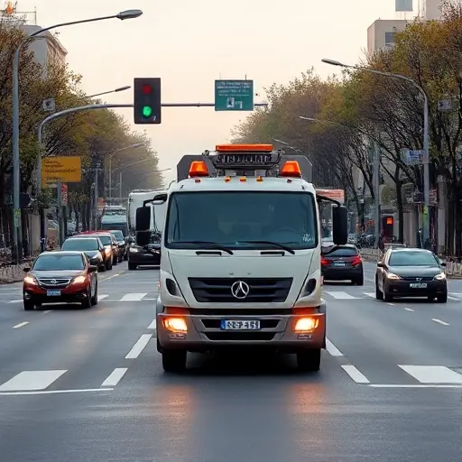 Эвакуатор в 2-м Рощинском проезде: Полное руководство A realistic depiction of a tow truck (evacuator) parked at a busy intersection in a Russian city, positioned at the 2nd Roschin pass. The scene shows the tow truck in a neutral color, with its front lights on, and a clear view of the surrounding traffic lanes and nearby buildings. The background includes a typical urban street with trees and a subtle hint of a city skyline. No text or signage is visible on the truck or the scene.