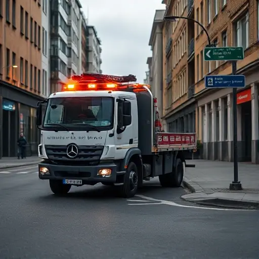 A realistic tow truck (evacuator) parked on a quiet urban street named 2nd Belokamenny Passage, with surrounding buildings, streetlights, and a subtle hint of a road sign indicating the street name, but no visible text or letters on the sign. The scene should convey a professional, helpful atmosphere, with the tow truck's lights on and a clean, well-maintained appearance. The composition should be balanced, focusing on the vehicle and the street environment, rendered in the smallHQ style.