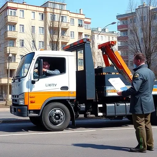 A tow truck parked on a street in Lyubertsy, Moscow, with a driver handing a clipboard and official documents to an inspector, background showing typical Moscow residential buildings under clear daylight, realistic depiction, no visible text, letters, or numbers