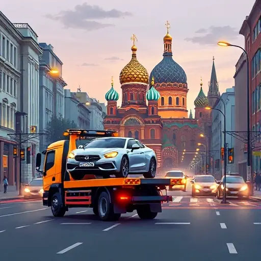 A realistic smallHQ style illustration of a tow truck navigating a Moscow street, with the Kremlin dome silhouette in the background, the truck gently lifting a small car onto its platform, city buildings and streetlights surrounding, no text, letters, or numbers visible