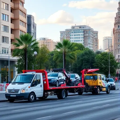 A realistic scene of a Moscow street in the Kuncevo district showing several different tow trucks, such as a flatbed tow truck, a wheel‑lift tow truck, and a compact tow vehicle, positioned near each other with city buildings, trees, and a clear sky in the background