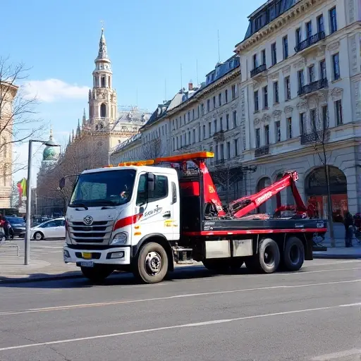 эвакуатор москва войковский A tow truck parked on a Moscow street near Voykovsky, with a backdrop of typical Moscow architecture and a clear sky, no people or other vehicles in the frame