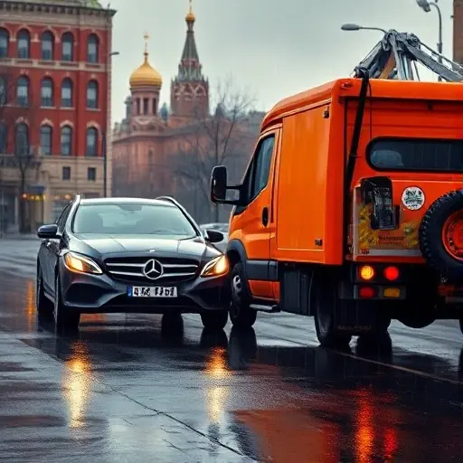A realistic scene of a Moscow street with a bright orange tow truck parked beside a broken-down car, a driver holding a smartphone showing an incoming call, the backdrop featuring recognizable Moscow architecture such as a red brick building and a hint of the Kremlin dome in the distance, the atmosphere conveys urgency and assistance, with subtle rain reflecting city lights on the wet pavement