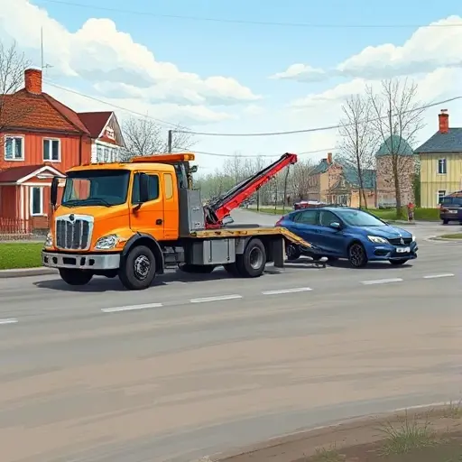 Эвакуатор Алексеевский: Полное руководство по вызову и использованию A realistic illustration of a tow truck in a Russian town, towing a damaged car, with a clear sky and a small town background, detailed and high-resolution