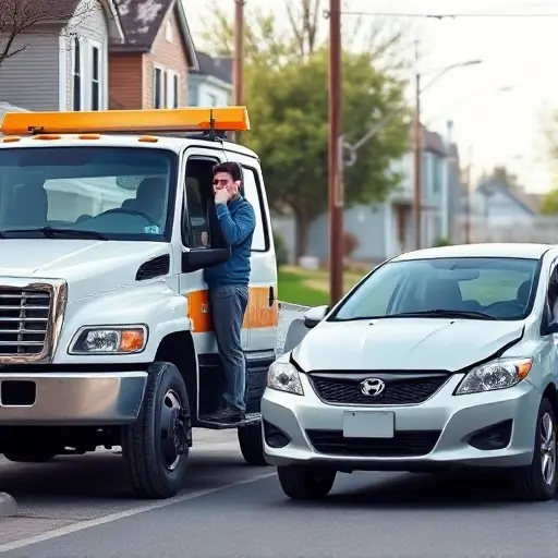A friendly tow truck operator standing next to a modern tow truck, offering a consultation to a driver in a calm, professional setting, with clear focus on the vehicle and the interaction, no text or signage