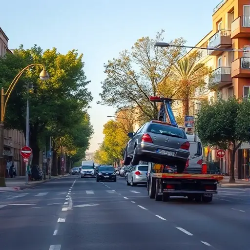 A realistic urban scene showing a tow truck lifting a car on the second street of Mariina Roscha, with surrounding residential buildings, trees, and streetlights, under a clear sky. The focus is on the action of the vehicle evacuation, with no visible text, signs, or numbers in the image.