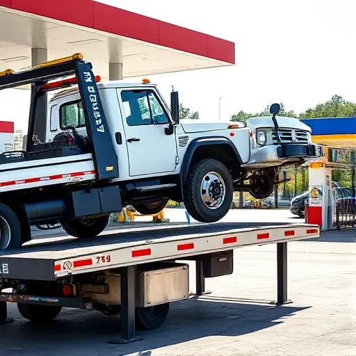 площадка эвакуатора A tow truck parked on a raised platform, lifting a car with hydraulic arms, background of a service station, bright daylight, no text or signage