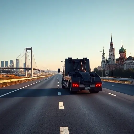 A modern tow truck driving on a long highway that stretches between two city skylines, one side showing Samara's iconic Volga River bridge and the other side showing Moscow's Kremlin towers, under a clear sky, with subtle road markings but no text or signage, realistic lighting and detailed vehicle design