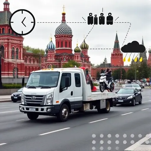 A realistic scene of a tow truck operating on a Moscow street, with recognizable Moscow architecture such as the Kremlin dome and red brick buildings in the background. Around the truck, visual symbols represent factors influencing evacuation price: a clock icon for time of day, a dashed line extending to a distant point for distance, silhouettes of different vehicle types (sedan, SUV, motorcycle) to indicate vehicle category, a traffic jam of cars to suggest congestion, and subtle weather elements like clouds and rain droplets. The composition is clear and detailed, focusing on the tow truck and the symbolic elements, without any textual labels or numbers.