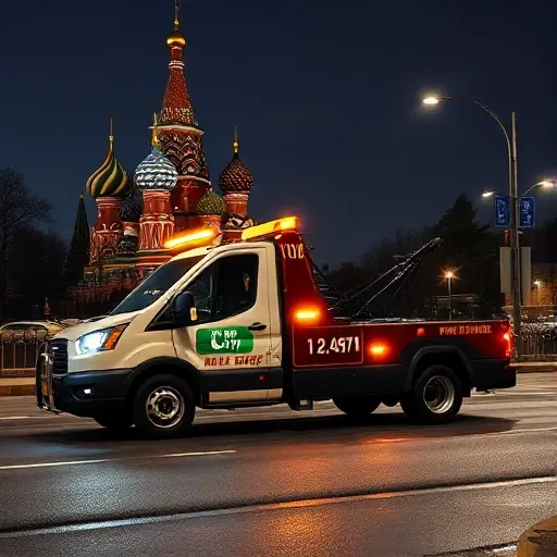 A modern tow truck parked on a Moscow street at night, with the iconic St. Basil's Cathedral skyline in the background. The truck is illuminated with a glowing phone icon on its side to indicate 24/7 service, and subtle digital display elements hint at a phone number without showing any text, letters, or digits.