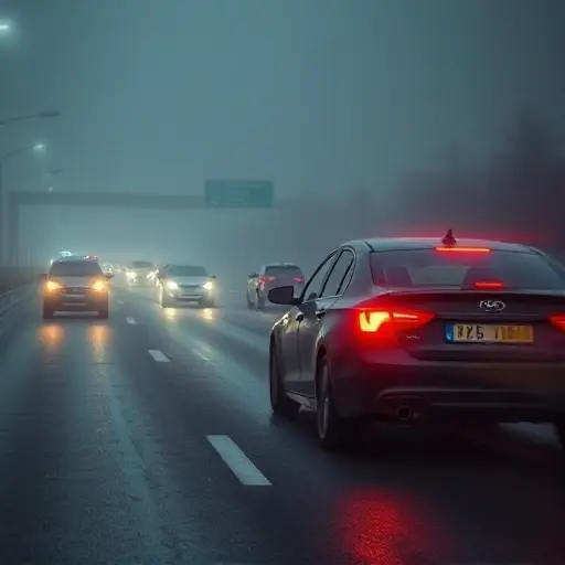 A realistic scene of a car being towed or evacuated on a busy highway (MKAD and Pyatnitskoe highway) during low-visibility conditions such as heavy fog or night, with emergency lights on the tow truck, blurred traffic, and a sense of caution and urgency, without any textual elements or signage.
