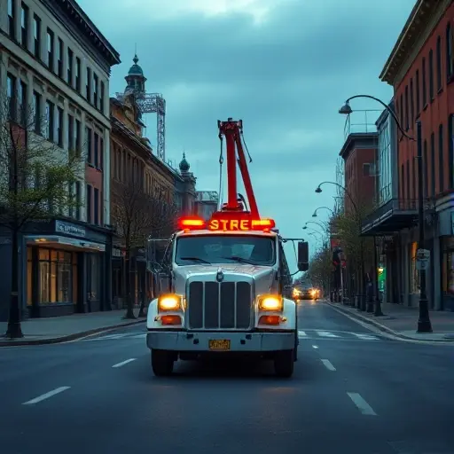 Вызов эвакуатора на 2-ю Новую улицу: Полное руководство A realistic scene of a tow truck positioned on a quiet urban street called New Street, with typical city buildings, street lamps, and a paved road, showing the truck's hook and lights ready for service, without any text, signs, or logos.