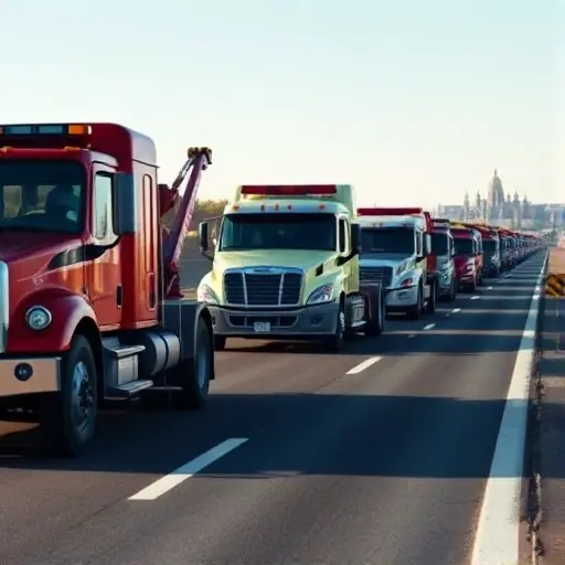 A realistic scene showing a line of different types of tow trucks traveling on a highway between Sergiev Posad and Moscow, with the Trinity Lavra of St. Sergius visible in the background on the Sergiev Posad side and the Moscow skyline with the Kremlin domes faintly visible on the far horizon. The road is clear, the sky is bright, and the tow trucks are the focus, illustrating the variety of vehicles used for the route.