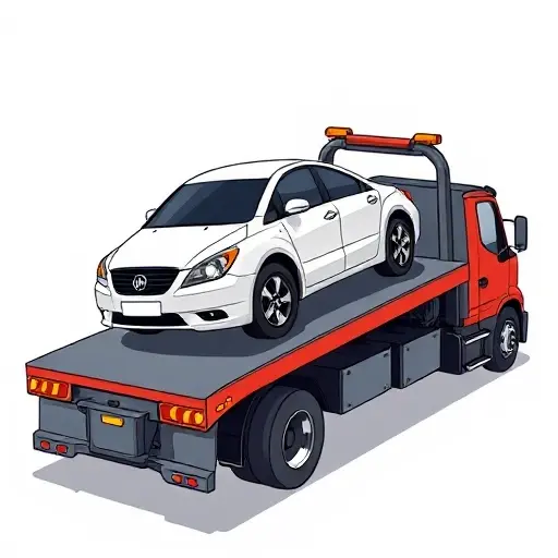 A tow truck lifting a car onto a flatbed, with safety straps and reflective safety lights, in a clear, detailed illustration, no text or lettering
