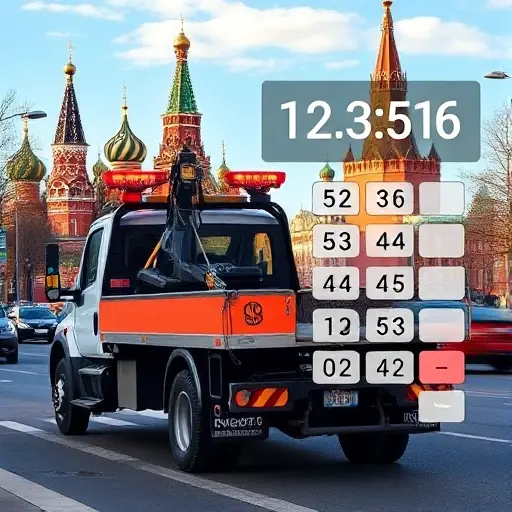 рассчитать эвакуатор москва A realistic tow truck parked on a busy Moscow street with recognizable city architecture such as the Kremlin towers and red brick buildings in the background, under a clear sky, showing the vehicle's hook and lights, with a subtle overlay of a calculator interface indicating numbers, but without any visible text or symbols on the truck or surroundings.