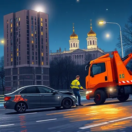 A realistic smallHQ style illustration of a busy Moscow street at night, featuring a tow truck helping a broken car on the roadside, with city buildings, streetlights, and a sense of 24/7 service, without any text or signage.