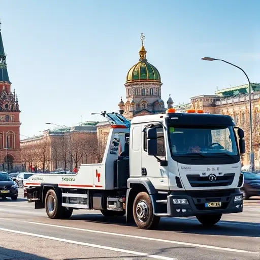 Эвакуатор Москва Экспресс: Полное руководство A modern tow truck with a crane, parked on a busy Moscow street, with recognizable Moscow architecture such as the Kremlin dome in the background, under a clear sky, realistic lighting and shadows, no text or signage