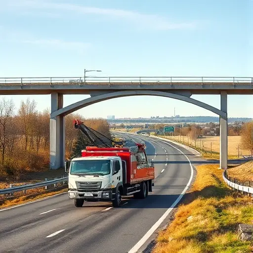 A realistic scene of a tow truck (evacuator) on a road in the Anninsky district, positioned near a large turnaround overpass (Разворотная Эстакада). The overpass arches over the highway, with the tow truck parked beside a disabled vehicle on the side of the road. The surrounding environment shows typical Russian countryside elements: trees, a distant village skyline, and a clear sky. The focus is on the tow truck and the overpass, illustrating the process of calling and dispatching the service.