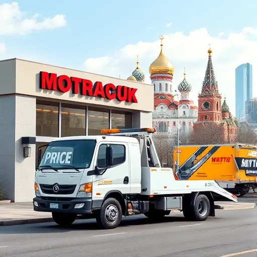 A realistic depiction of a modern tow truck parked in front of a Moscow auto service center, with the Moscow skyline in the background, a visible price tag icon on the truck, and a delivery truck in motion, all in a clean, detailed style.