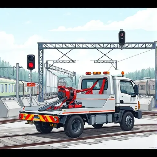 Эвакуатор в Андроньевском проезде: Полное руководство A detailed illustration of a tow truck positioned at the Andronyevsky railway crossing, with the crossing's tracks, signals, and a partially visible train in the background. The scene should capture the industrial atmosphere of a railway passage, with concrete barriers, a red signal light, and a clear sky. The tow truck should be in a realistic style, with visible wheels, a winch, and a reflective surface, but no people or text.