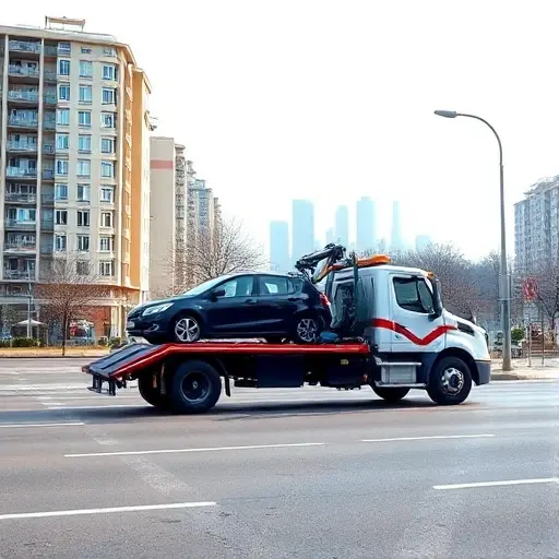 A realistic scene featuring a modern tow truck parked on a city street in the southern part of Moscow, with recognizable Moscow architecture in the background, such as apartment blocks and a hint of the Moscow River skyline, under a clear sky; the tow truck is equipped with a crane and a vehicle on its platform, and the street shows typical Russian road markings and streetlights, conveying a professional towing service in a bustling urban environment