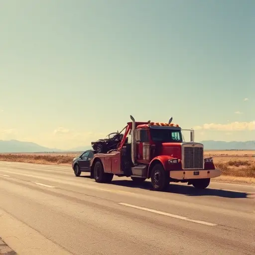 A sturdy tow truck pulling a broken-down vehicle along a wide, open highway under a clear sky, with distant mountains on the horizon and a few scattered clouds, realistic lighting and detailed textures, captured in the smallHQ style