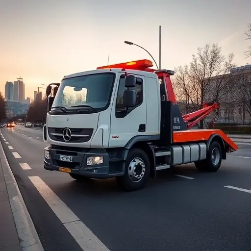 вызвать эвакуатор в москве недорого свиблово A bright, modern tow truck parked on a quiet Moscow street near Sviblovo, with a subtle city skyline in the background and a clear, unobstructed view of the vehicle's front and side, emphasizing its readiness to help. The scene should convey a sense of affordability and reliability without any text or signage.