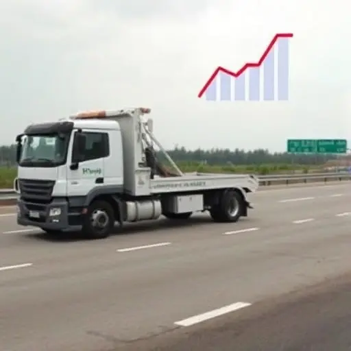 A tow truck parked on a highway with a clear view of a road and a distance marker. The truck has a prominent price tag icon on its side indicating cost per kilometer. A subtle, abstract line graph icon floats above the truck, suggesting factors influencing price. The scene is realistic, with natural lighting and no text or letters visible.