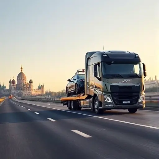 A modern tow truck driving on a wide highway between Moscow and Belgorod, carrying a car on its trailer. In the background, faint silhouettes of Moscow's skyline on one side and Belgorod's historic buildings on the other, under a clear daytime sky. Emphasize safety, reliability, and the convenience of professional vehicle evacuation.