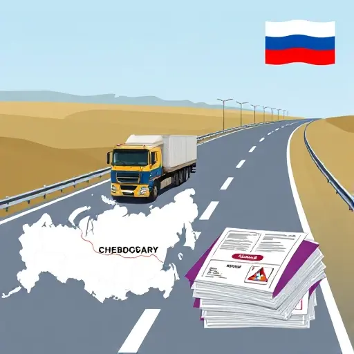 A tow truck on a highway between Moscow and Cheboksary, with a stylized map of Russia showing the route, and a stack of documents representing licenses and permits, all in a clean, realistic style, no text or lettering
