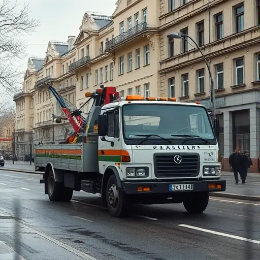 A realistic depiction of a tow truck parked on 6th Luchyov Prospekt, showing the street, surrounding buildings, and the truck in detail, with no text or signage visible