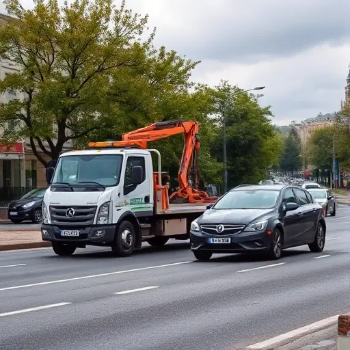 A realistic scene of a tow truck (evacuator) parked on a Moscow street in the North-West district (SZAO), assisting a broken-down vehicle on the road. The background shows typical Moscow urban architecture, trees, and a cloudy sky. The focus is on the tow truck and the disabled car, with no visible text, signs, or numbers. The atmosphere is professional and helpful, emphasizing the service of an affordable tow call.
