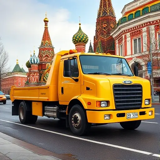 A bright yellow tow truck parked on a Moscow street, with the iconic St. Basil's Cathedral and Red Square in the background, conveying a friendly and affordable vibe, no text or numbers
