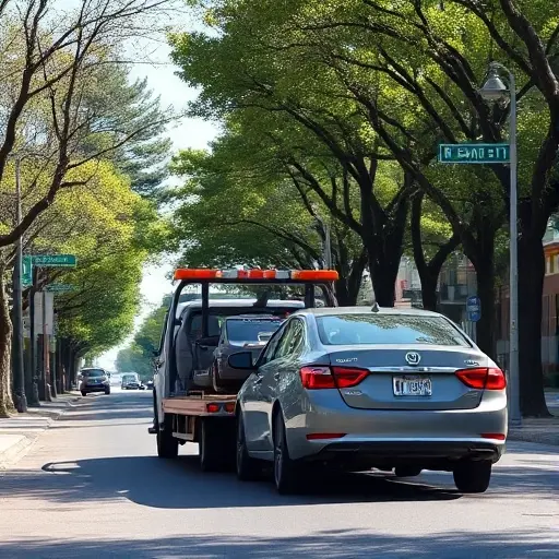 A realistic scene of a tow truck pulling a small sedan away from a quiet urban street lined with trees, with a street name plaque visible but without any readable text, under a clear sky, showing the motion of the evacuation, in the smallHQ style
