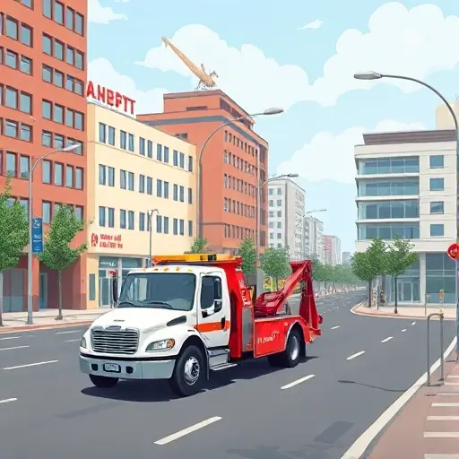 A realistic smallHQ style illustration of a tow truck parked on a wide urban avenue named "Avenue of Cosmonauts", with nearby important buildings such as a hospital, a school, and a fire station, showing the proximity of the tow service to these key facilities, without any text, signs, or numbers