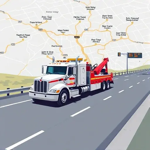 A realistic illustration of an intercity tow truck on a highway, with a stylized map background showing multiple routes and subtle icons representing popular towing companies, all rendered in a clean, high-quality style without any text or numbers.