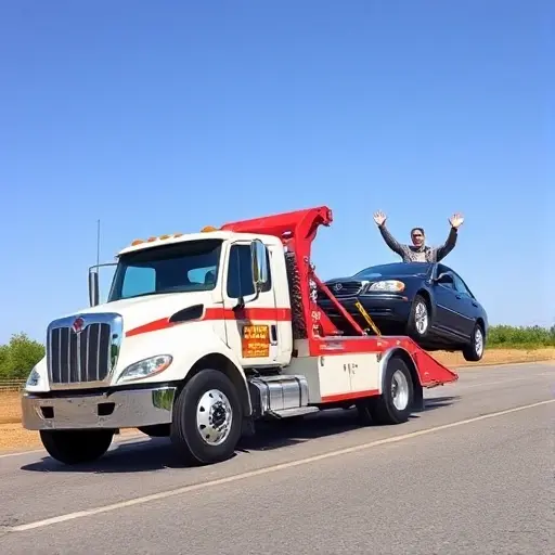 A special tow truck pulling a car with a happy customer waving in the background, no text or symbols, realistic style