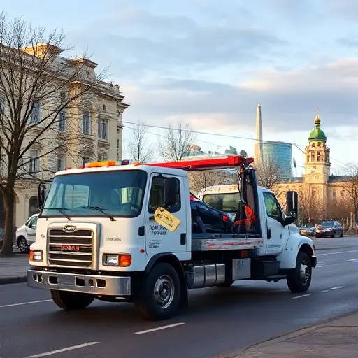 A tow truck parked on a St. Petersburg street, with the city skyline in the background, a price tag icon hanging from the truck, no text or letters, no digits, no explicit content