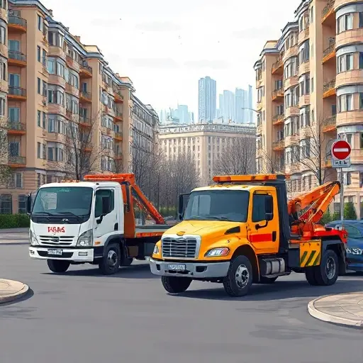 A realistic illustration of a Moscow street scene in the Medvedkovo district featuring several types of tow trucks: a flatbed tow truck, a wheel-lift tow truck, and a heavy-duty recovery vehicle, positioned near a parked car. The background shows typical Moscow residential buildings, street signs without text, and a subtle hint of the city skyline. The composition emphasizes the variety and functionality of the tow trucks in an urban environment.