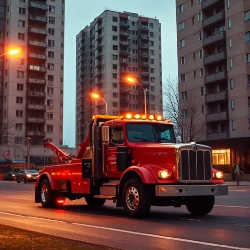 Эвакуатор в Таганском районе: Полное руководство A tow truck positioned on a city street in the Tagansky district of Moscow, surrounded by typical mid‑rise Soviet‑era apartment buildings, with streetlights casting a soft evening glow, realistic lighting and details, captured in the smallHQ style