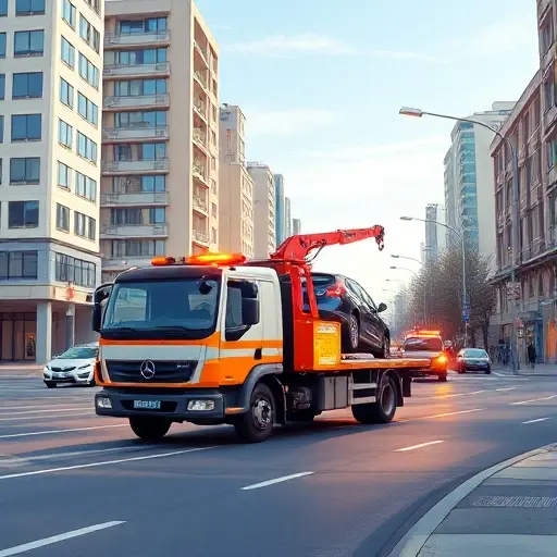 A realistic smallHQ style illustration of a tow truck operating on a city street at the third Nizhnelikhoborsky drive, the truck lifting a vehicle, with surrounding urban buildings, streetlights, and a clear sky, without any text, letters, or digits in the scene