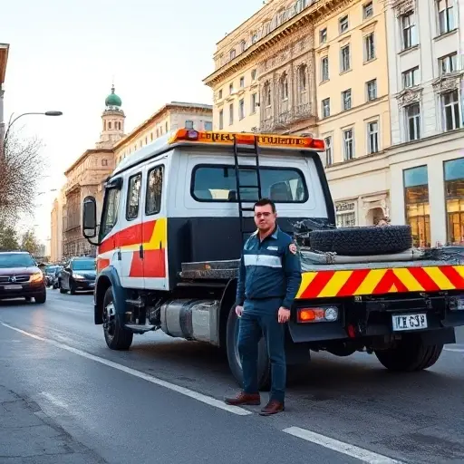 A reliable tow truck operating in the South-Eastern district of Moscow, parked on a busy urban street with recognizable Moscow architecture in the background, a professional driver in a clean uniform standing beside the vehicle, the scene showing a clear, well-lit daytime environment, emphasizing trustworthiness and efficiency without any text or logos