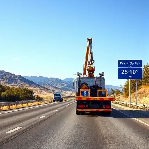 эвакуатор за км A realistic scene of a modern tow truck (evakuator) driving along a highway, with a clear road sign indicating distance in kilometers, showing the truck's hook and platform ready to assist a broken-down vehicle. The background includes a sunny sky, distant hills, and a few trees, with no visible text or logos on the vehicles or signs.